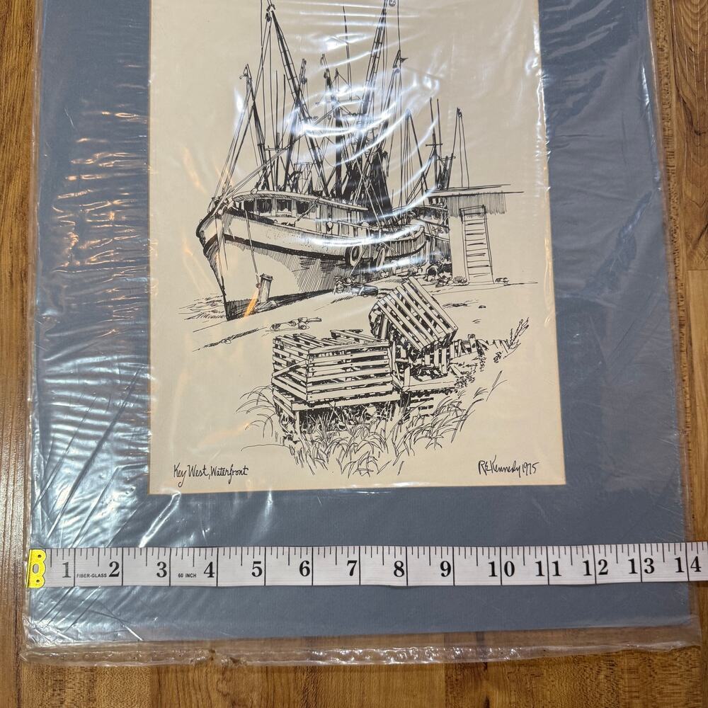 R.E. Kennedy Key West Waterfront Shrimp Boats Pen Drawing Nautical Florida Art - Picture 4 of 5